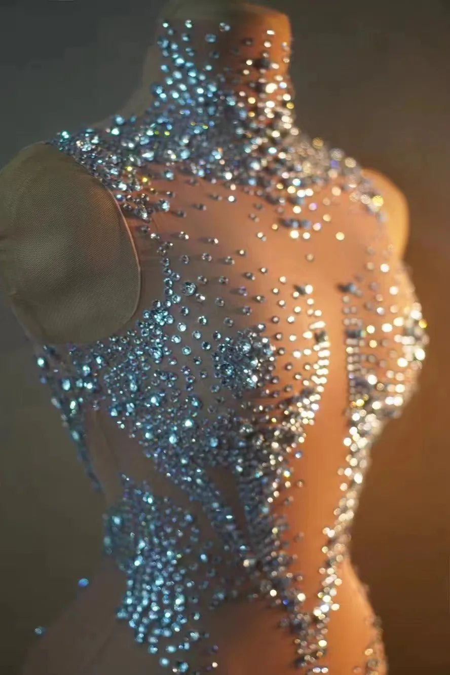 Sexy Stage Sparkly Rhinestones Leotard Women Mesh See Through Dance Performance Costume Singer Dancer Stage Bodysuit Club Wear