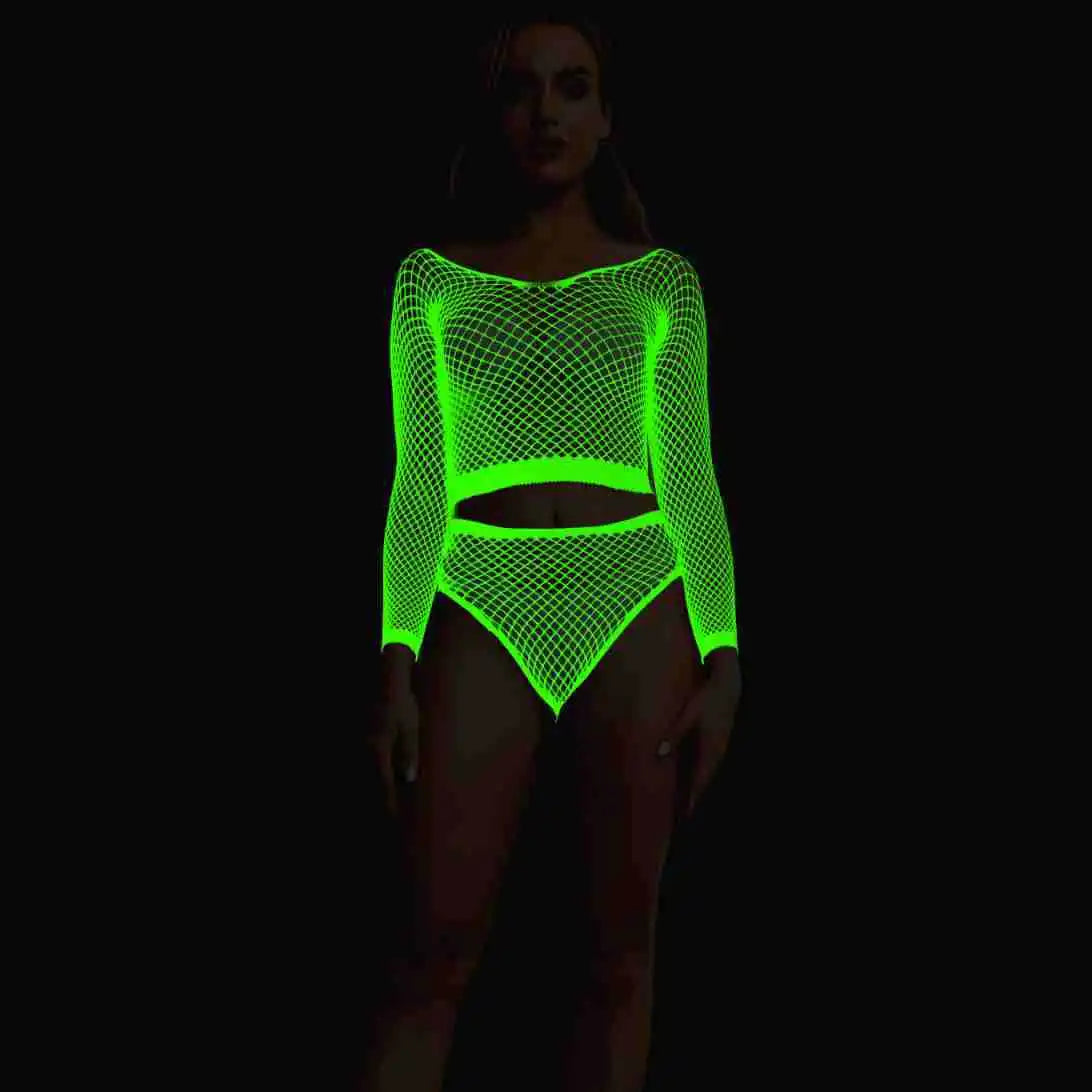 Pole Dance Clothing Luminous Glowing Lingerie Sexy Bodystocking Women Fishnet Gogo Dancer Outfit Rave Bodysuit Exotic Party