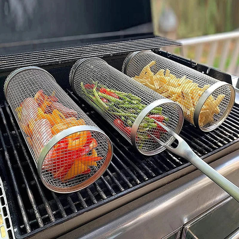 Portable BBQ Basket Stainless Steel Rolling Grilling Basket Wire Mesh Cylinder Grill Basket Round Outdoor Camping Barbecue Rack