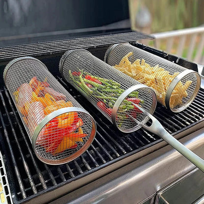 Portable BBQ Basket Stainless Steel Rolling Grilling Basket Wire Mesh Cylinder Grill Basket Round Outdoor Camping Barbecue Rack