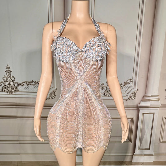Sparkly Rhinestones Diamonds Sexy Mesh See Through Short Dress for Women Prom Party Evening Celebrate Birthday Dress Show Wear