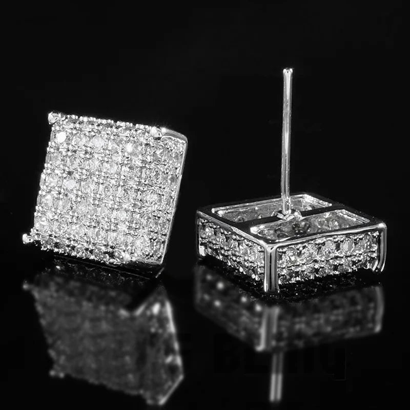 Huitan Women Men Stud Earrings Classic Square Shaped Ear Stud Piercing Sparkling Cubic Zirconia Daily Wearable Versatile Jewelry