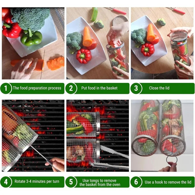 2PCS 304 Stainless Steel Rotating Grill Basket Cylinder - BBQ Rotisserie Cage for Outdoor Cooking,Food-Grade Portable Grill Mesh