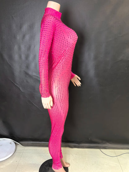 Sparkly Long Sleeve Crystal Rompers Pole DanceBodycon Bodysuits Stage Performance WearWomen Party One Piece Jumpsuits  7G