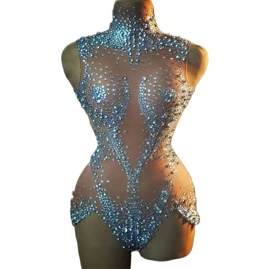 Sexy Stage Sparkly Rhinestones Leotard Women Mesh See Through Dance Performance Costume Singer Dancer Stage Bodysuit Club Wear