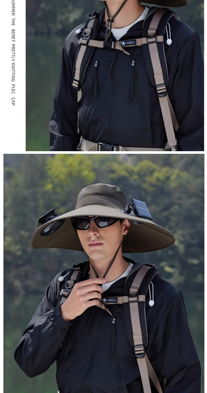 Summer New Dual Solar Fan Hat For Men Outdoor Fishing Sun Protection Visor Hat Large Brim Quick Drying Waterproof Bucket Hat