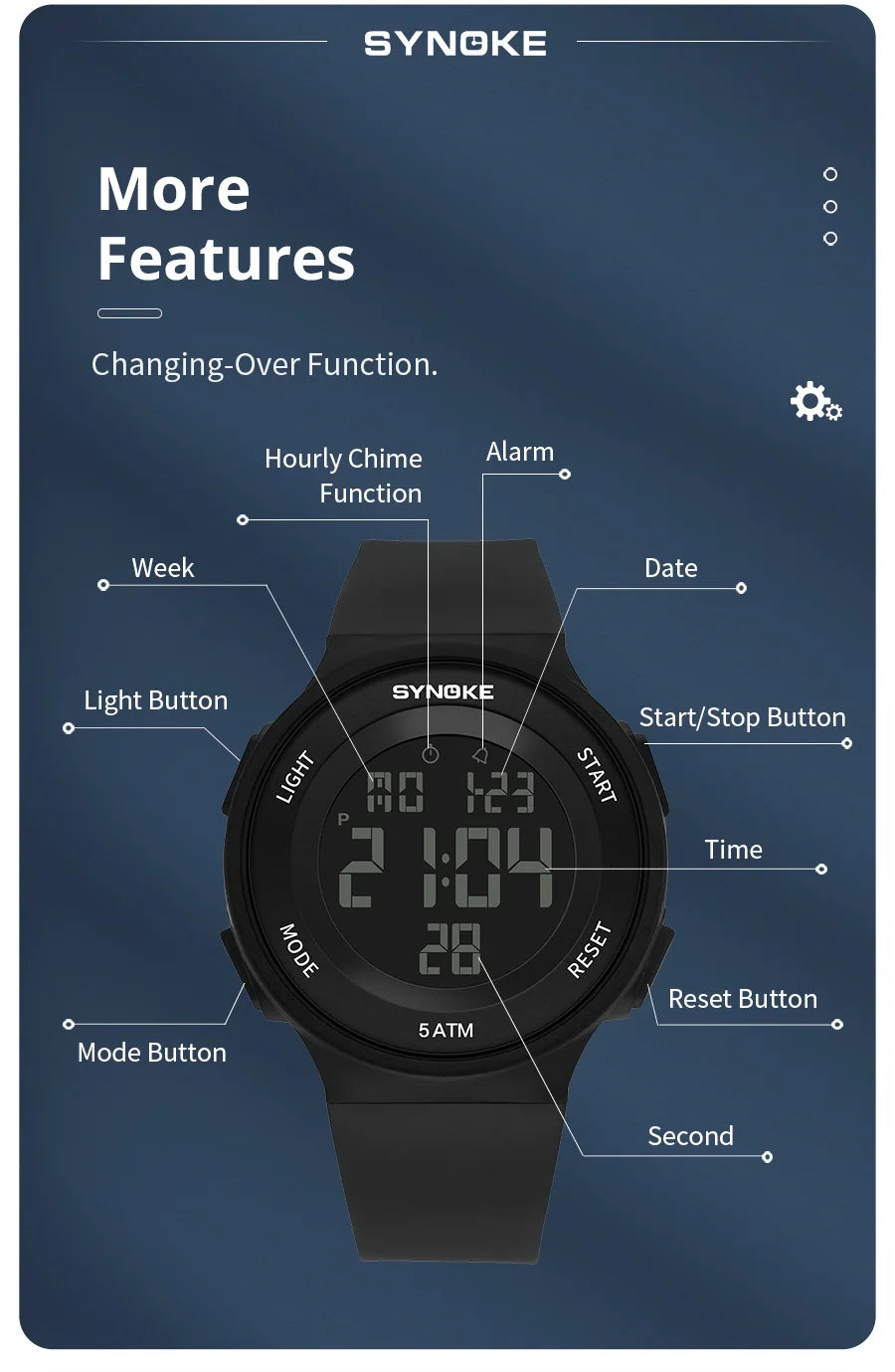 SYNOKE Student Electronic Watch Unisex Sport Watch Multifunction Military Sports Waterproof Luminous LED Digital Men Big Dial