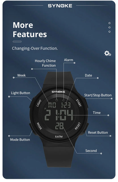 SYNOKE Student Electronic Watch Unisex Sport Watch Multifunction Military Sports Waterproof Luminous LED Digital Men Big Dial