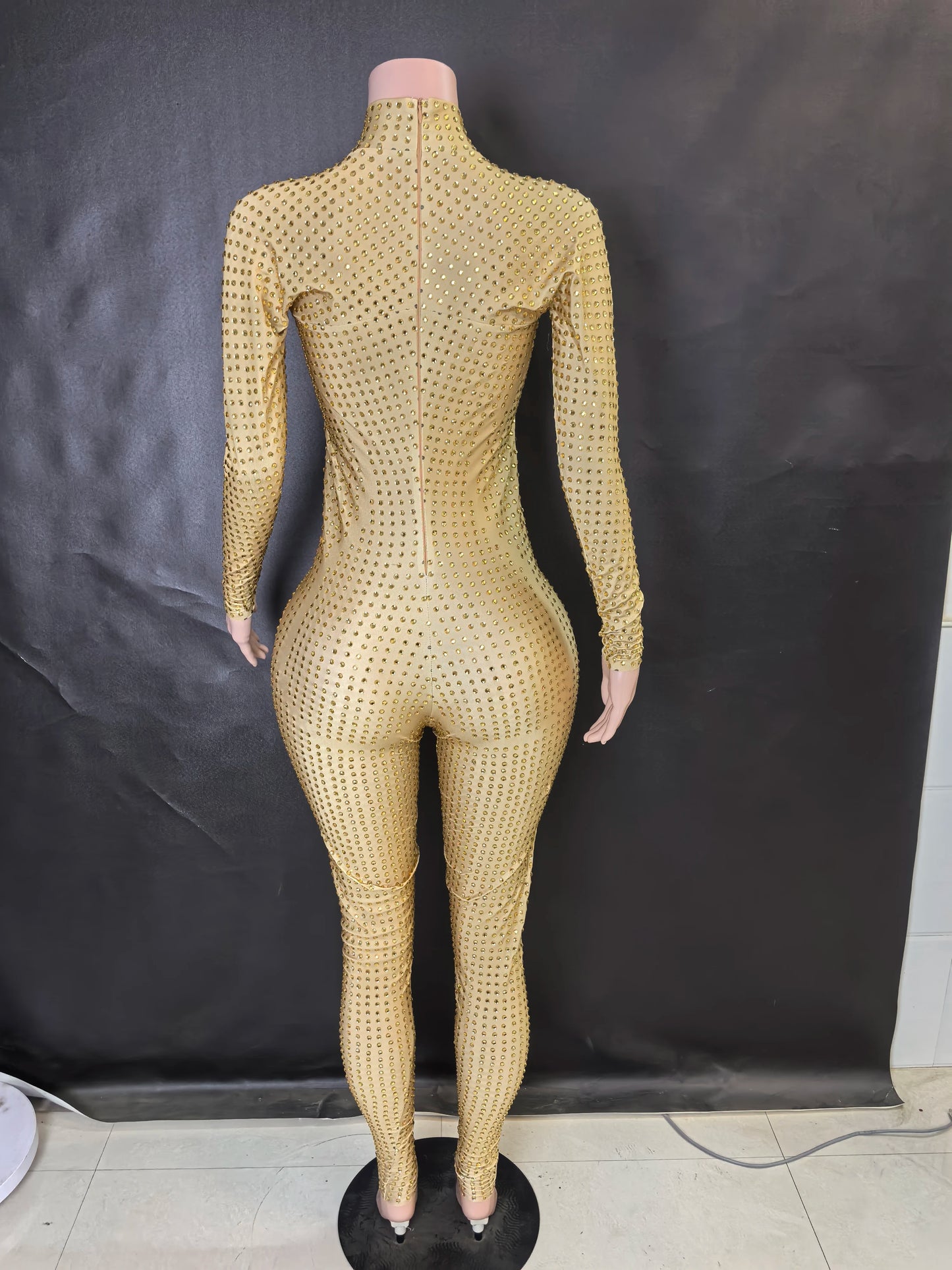 Sparkly Long Sleeve Crystal Rompers Pole DanceBodycon Bodysuits Stage Performance WearWomen Party One Piece Jumpsuits  7G