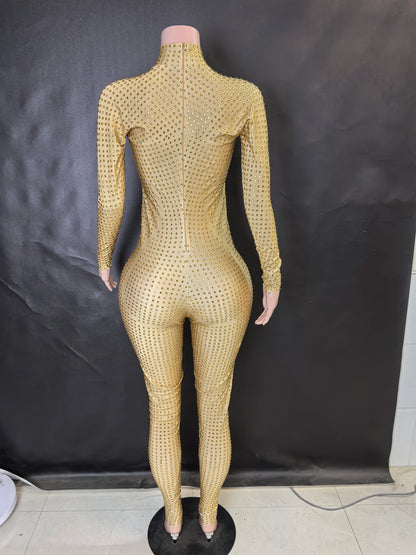 Sparkly Long Sleeve Crystal Rompers Pole DanceBodycon Bodysuits Stage Performance WearWomen Party One Piece Jumpsuits  7G