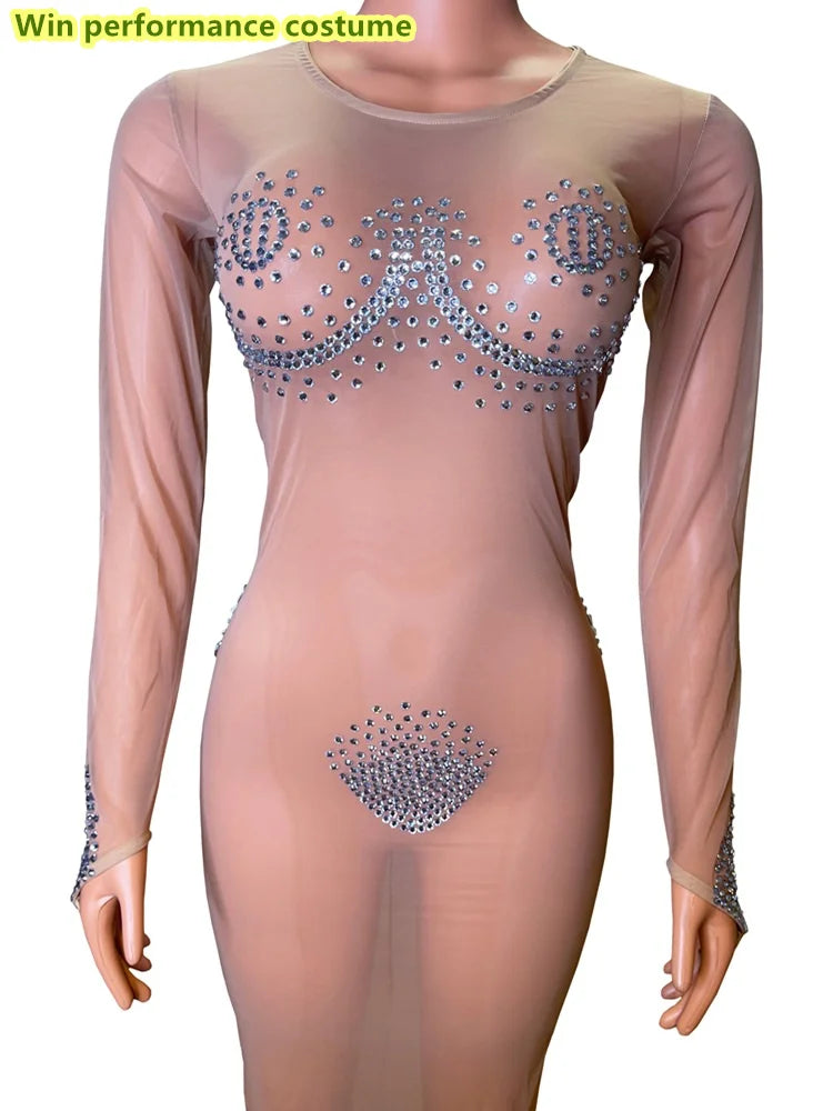 Three Point Tight And Sexy Perspective Full Diamond Mesh Nightclub Bar DJ Hot Dance Party Performance Costumes