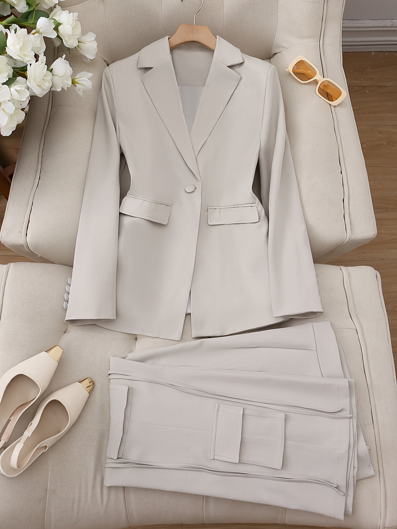 Women's Elegant Professional Pants Set - Single Breasted Shawl Collar Blazer with Flap Pockets, Simple Straight Leg Pants for Work, Office, Business, and Formal Occasions - High-Quality, Comfortable, and Versatile Clothing
