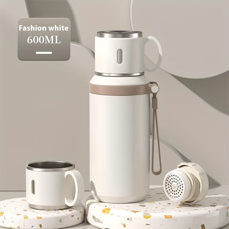 Insulated Stainless Steel Water Bottle with Rope Handle, Dual-Purpose Lid/Drinking Cup, Portable Vacuum Flask for Camping, Cycling, Car, Office - Suitable for Hot & Cold Beverages, Ideal Gift for Ages 14+