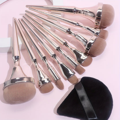 9pcs Pro Makeup Brush Set - Premium Foundation, Blush, Eye Shadow Brushes & 1pc Soft Makeup Sponge - Portable Beauty Tools for Flawless Grooming, Liquid Foundation, BB Cream, Loose Powder Application