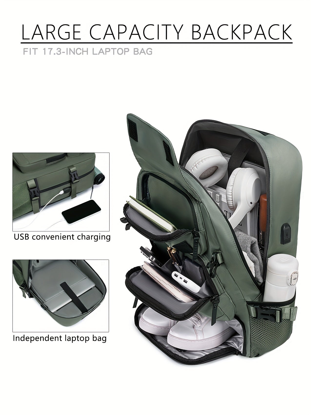 Large Capacity Multi-Functional Backpack - Spacious Hiking & Camping Knapsack with Shoes Compartment, USB Charging Port, Padded Laptop Sleeve, and Multiple Compartments - Ideal for Men, Women, Business, College, and Outdoor E