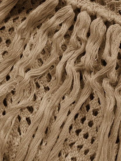 Long Sleeve Off-Shoulder Crop Top & High Waist Split Hem Skirt Set - Elegant Vacation Outfit with Tassel Details, Semi-Sheer Knit Fabric, and Crochet Fringe Hem - Polyester Womens Clothing for Summer