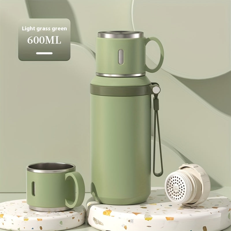 Insulated Stainless Steel Water Bottle with Rope Handle, Dual-Purpose Lid/Drinking Cup, Portable Vacuum Flask for Camping, Cycling, Car, Office - Suitable for Hot & Cold Beverages, Ideal Gift for Ages 14+