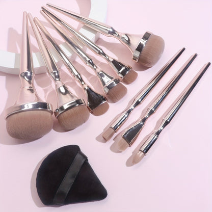 9pcs Pro Makeup Brush Set - Premium Foundation, Blush, Eye Shadow Brushes & 1pc Soft Makeup Sponge - Portable Beauty Tools for Flawless Grooming, Liquid Foundation, BB Cream, Loose Powder Application