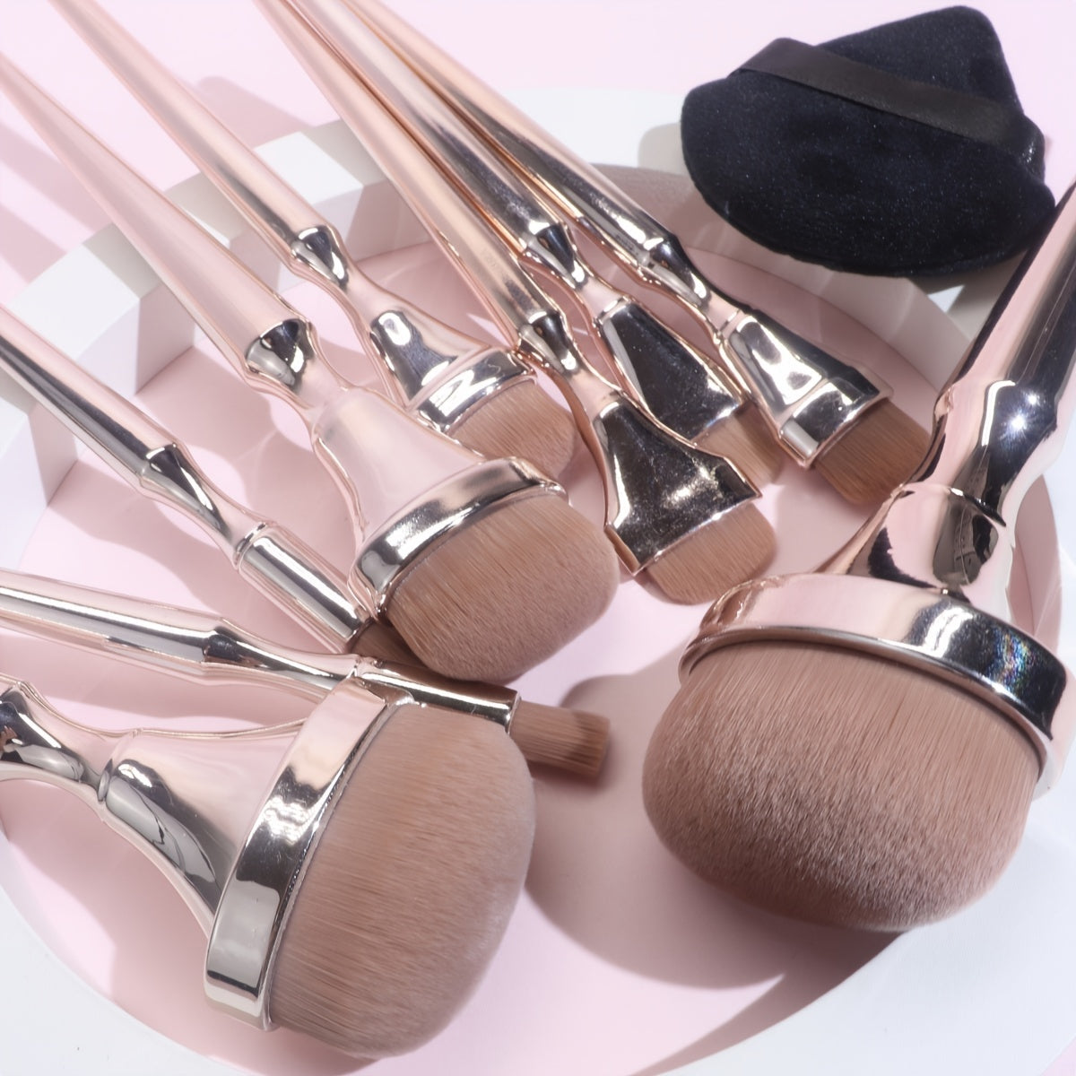 9pcs Pro Makeup Brush Set - Premium Foundation, Blush, Eye Shadow Brushes & 1pc Soft Makeup Sponge - Portable Beauty Tools for Flawless Grooming, Liquid Foundation, BB Cream, Loose Powder Application