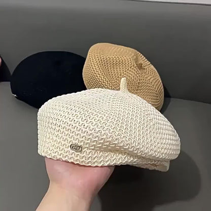 Vibrant Beret Hat for Women - Lightweight, Breathable, Spring/Summer Hollow-Out Structured Painter Cap with Japanese Style Casual All-Match, Face-Slimming Fashion Design, Trendy Accessory for Outdoor Activities and Daily Wear